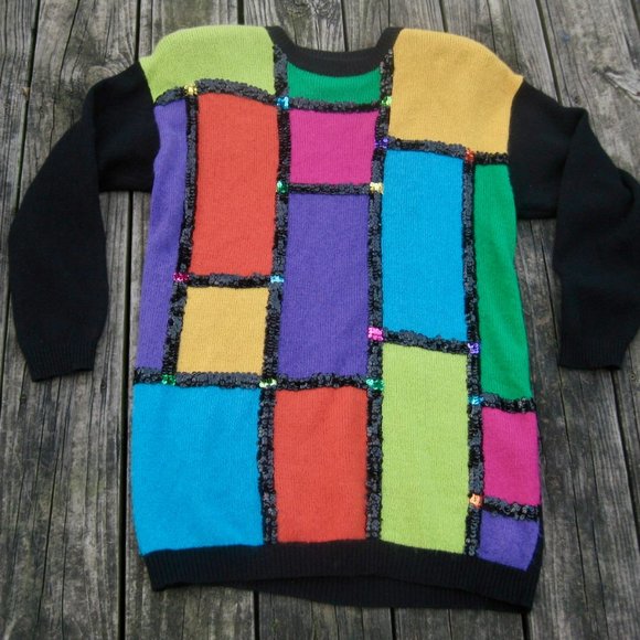 Vintage Sweaters - VTG Mondrian Colorblock Sweater Jewel Tone Sequins